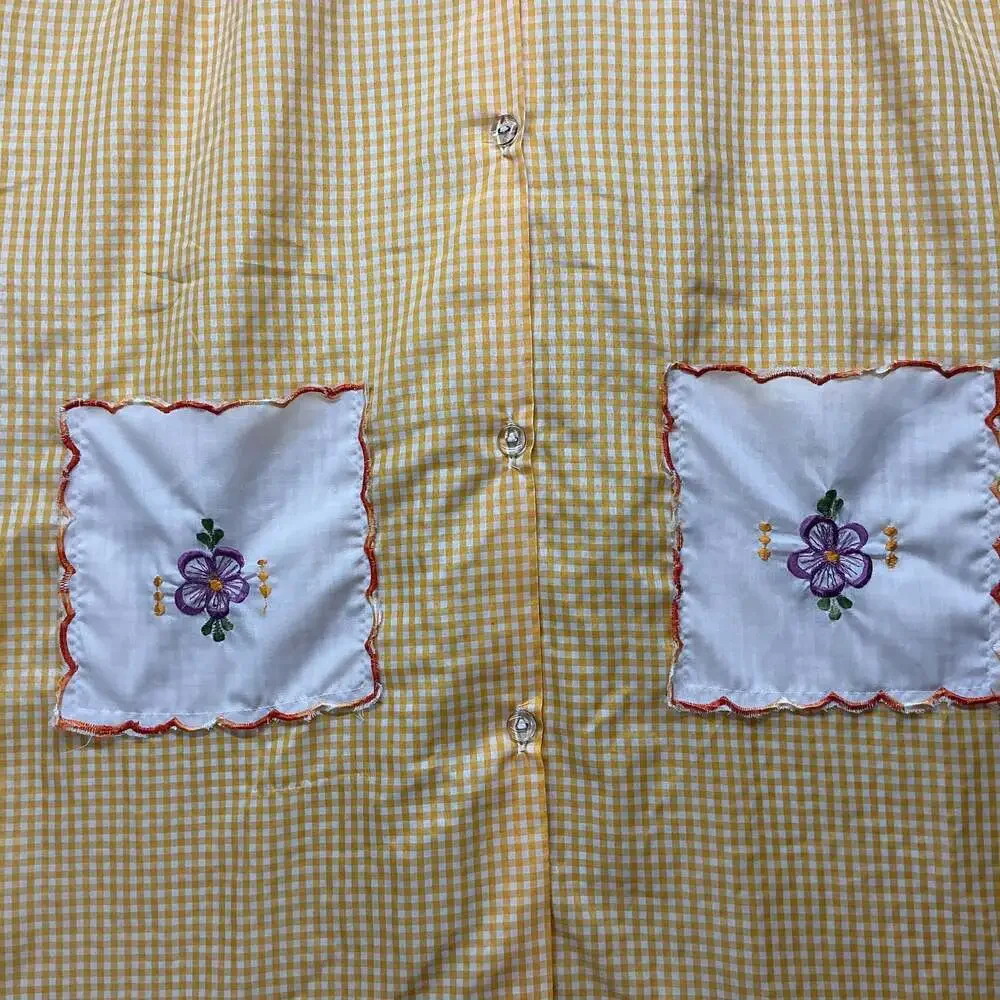 Vintage Traditional Embroidered Yellow Gingham Front-Fastening Apron Mandil